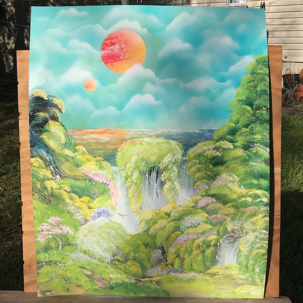 Hand Painted 22" inch by 28" inch painting of Waterfalls and Red Sun
